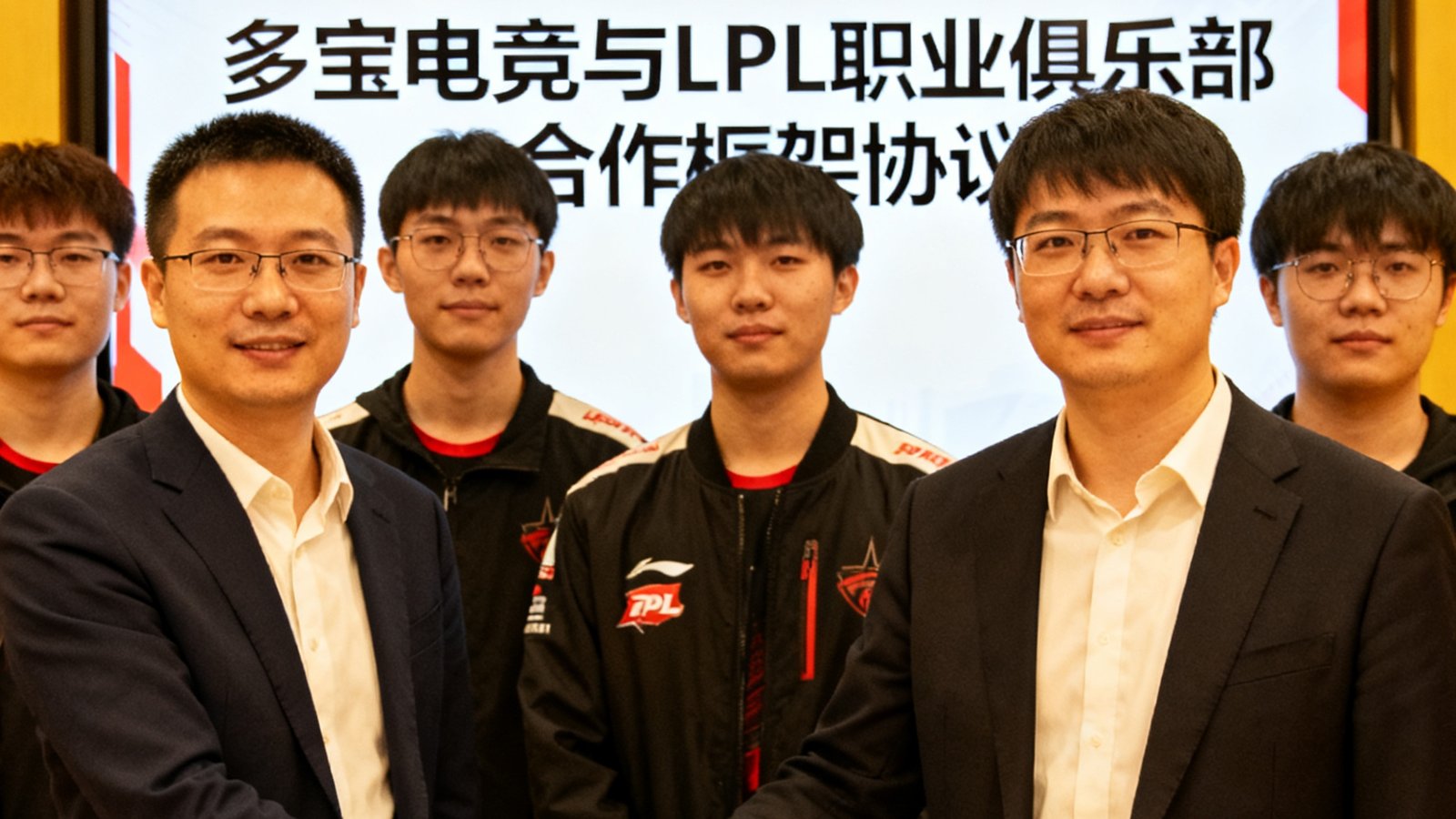 多宝电竞与三家LPL职业俱乐部在签约仪式上握手合影，背景为合作框架协议展示板